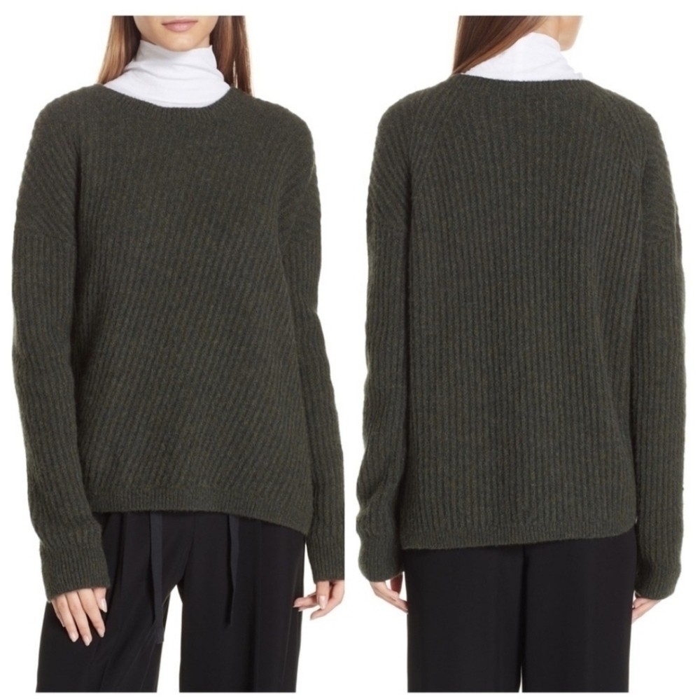 Vince Wool Blend Asymmetric  Ribbed Dark Green Oversized Sweater Womens Size XS - Picture 8 of 8